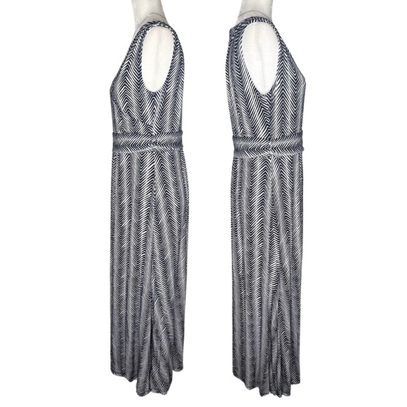 Talbots Maxi Dress Sleeveless V Neck Herringbone Chevron Stripe Blue White Large - Picture 4 of 13